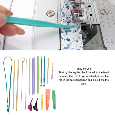 Fast Turn Fabric Kit With Assorted Tube Turners In Multiple Sizes For Easy Fabric Turning No Fuss Quick Sewing Setup Threading And Crafting Projects For Diy Home Projects And Alterations. Tube turner kit with assorted stainless steel, wood, and plastic tools used on sewing machine fabric tube.
