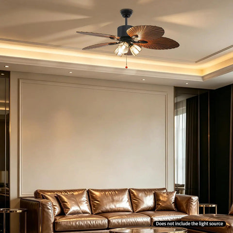 52" Tropical Ceiling Fan with Light, Indoor Outdoor Palm Leaf Ceiling Fan above a brown leather sofa in a modern living room.