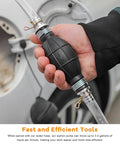 No Sweat Manual Gas Siphon Pump For Effortless Fuel And Oil Transfer With Heavy Duty Dual Pvc Hoses And Smart Check Valve in hand.