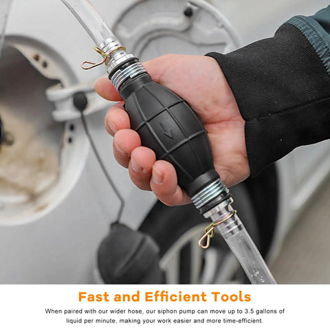 No Sweat Manual Gas Siphon Pump For Effortless Fuel And Oil Transfer With Heavy Duty Dual Pvc Hoses And Smart Check Valve in hand.