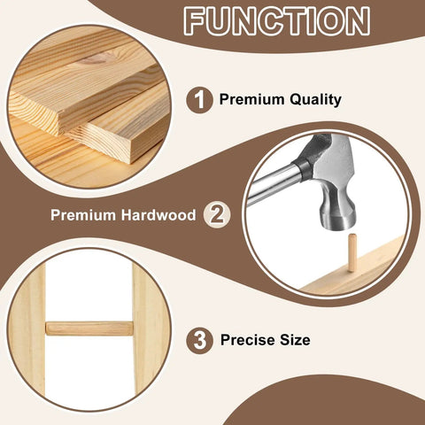 Top Shelf Hardwood Dowel Pins 3/16 Inch By 13/16 Inch Straight Wood Rods 60 Pack alongside premium hardwood boards and hammer.