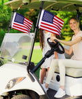 Two Pack 12X18 Golf Cart Flags With American Flag Embroidery And Elastic Strap Bracket on golf cart with smiling driver