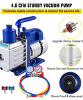 Heavy Duty 4.8 CFM 1/3 HP Auto AC Vacuum Pump With Integrated Manifold And Anti Reflex Oil Solid Die Cast Housing.