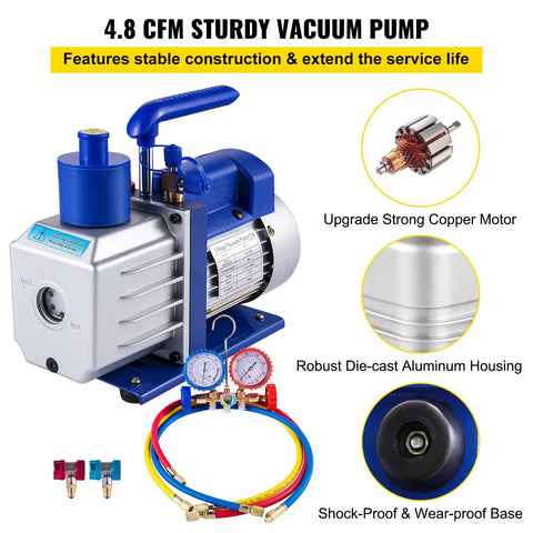 Heavy Duty 4.8 CFM 1/3 HP Auto AC Vacuum Pump With Integrated Manifold And Anti Reflex Oil Solid Die Cast Housing.