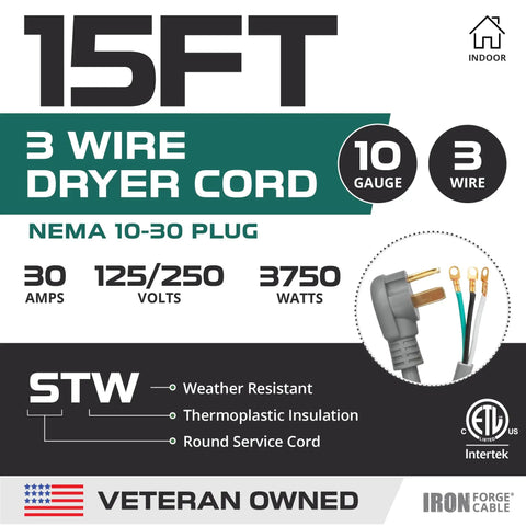 Beefy Heavy Duty 15 Foot 3 Prong Dryer Extension Cord 30 Amp 10 30 Plug For 125V And 250V Outlets packaging design with specs and plug image