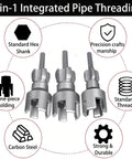 3-piece PVC pipe threading tool kit with integrated carbon steel head for precise cutting, compatible with drill setups.
