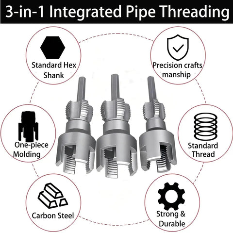 3-piece PVC pipe threading tool kit with integrated carbon steel head for precise cutting, compatible with drill setups.