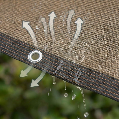 Close-up of Mocha Shade Cloth With Ninety Percent UV Block Mesh Tarp For Patio Garden And Backyard Grommets showing water drainage and airflow