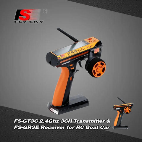 Flysky FS-GT3C RC Transmitter 2.4GHz 3CH LCD Remote Controller with FS-GR3E Receiver, yellow and black ergonomic design.