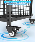 Close-up of multi-direction wheels on mobile garage sports gear organizer with wheels three tier ball rack for basketballs foot