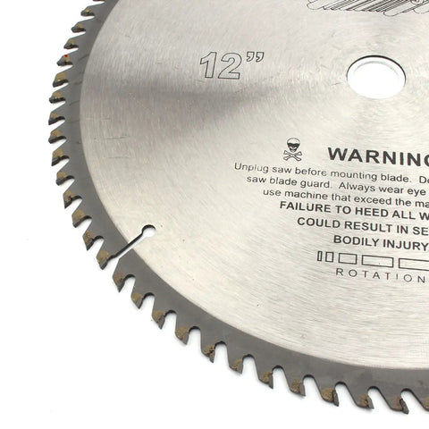 12 Inch Circular Saw Blade 305 mm 60 Tooth Cemented Carbide Tipped showing sharp teeth and safety warning for cutting wood aluminum.