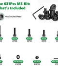 Components of M3 Hex Socket Head Cap Screws And Nuts Kit Set With 631 Pieces Grade 12.9 Alloy Steel Metric Bolts In M3