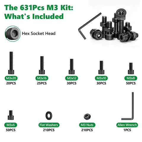 Components of M3 Hex Socket Head Cap Screws And Nuts Kit Set With 631 Pieces Grade 12.9 Alloy Steel Metric Bolts In M3