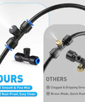 Comparison of black plastic nozzles and brass nozzles in a 32 Foot Outdoor Misting Kit With Rustproof Nozzles Preassembled Seven Head Mister System Three Quarter Inch Adapter For Patio Chillin Greenhouse Pets And Chicken Coops Easy Maintenance And Cool Comfort