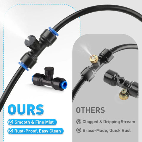 Comparison of black plastic nozzles and brass nozzles in a 32 Foot Outdoor Misting Kit With Rustproof Nozzles Preassembled Seven Head Mister System Three Quarter Inch Adapter For Patio Chillin Greenhouse Pets And Chicken Coops Easy Maintenance And Cool Comfort
