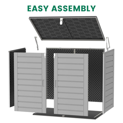 Easy assembly view of All-Weather Outdoor Storage Shed For Two Trash Bins, 304-Gallon Double-Wall Resin Unit With Wood-Grain Texture