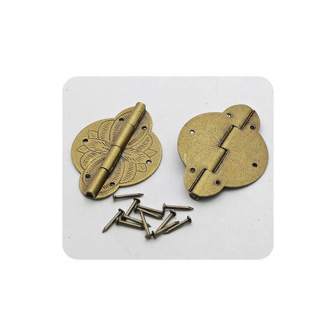 Antique Brass Mini Hinges Pair Of Two With Matching Screws For Cabinets Drawers And Jewelry Boxes vintage embossed finish.