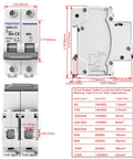 Front, side, and dimensions of DC 500V 25A 2 Pole Photovoltaic Circuit Breaker For Solar PV System Grid DIN Rail Mount 35mm