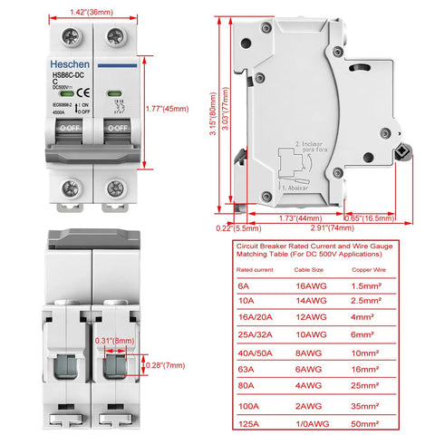 Front, side, and dimensions of DC 500V 25A 2 Pole Photovoltaic Circuit Breaker For Solar PV System Grid DIN Rail Mount 35mm