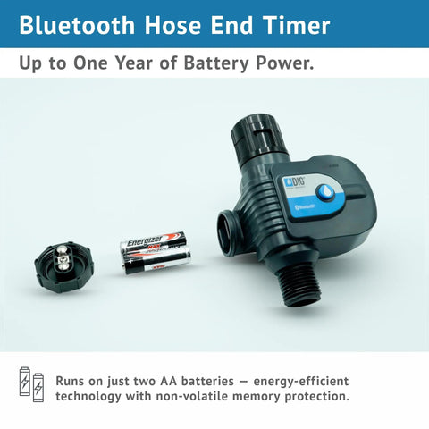 Bluetooth Hose End Timer With Smart Control For Wireless Irrigation Automation and AA batteries on display