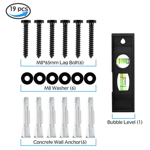 Lag Bolt Kit For TV Wall Mount With M8x65mm Lag Bolts And Washers Wood Stud Anchors And Plastic Concrete Anchors Bubble Level Included For Easy Installation Heavy Duty Steel MU0041B