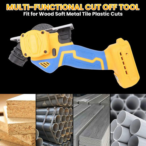 Badass Cordless Cut Off Tool Featuring Heavy Duty Brushless Motor And Hella Fast 19000 Rpm Speed To Rip Through Metal Wood Plastic And Stone With Detachable Dust Shield, showing multi-functional design and cutting capability.