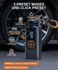 Portable Tire Inflator Air Compressor 180 PSI with Digital Pressure Gauge and LED Light, showing 5 preset modes and unit settings