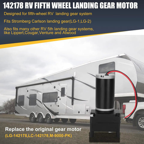 Electric 5th Wheel Landing Gear Motor For RVs Replaces LG142178 LC142178 M9000PK shown with RV and harness install