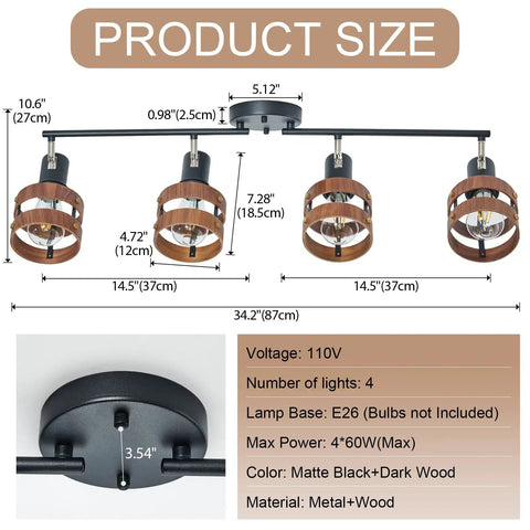Four Head Black Track Lighting With E26 Sockets Adjustable Spotlight Heads And Wood Accent Dope Farmhouse Vibe Modern Ceiling Light For Living Room And Kitchen Flexible Directional Arms