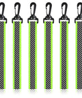6 Pack Reflective Straps Glow In The Dark High Visibility Backpack Tags For Clothes Walking Cycling Dog Collar Camping And Bicycle Night Safety Gear Pendants, showing six green straps with clips.