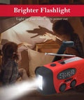 Child using Emergency Hand Crank Radio With LED Flashlight AM FM NOAA Weather Radio 2000mAh Power Bank indoors during power outage