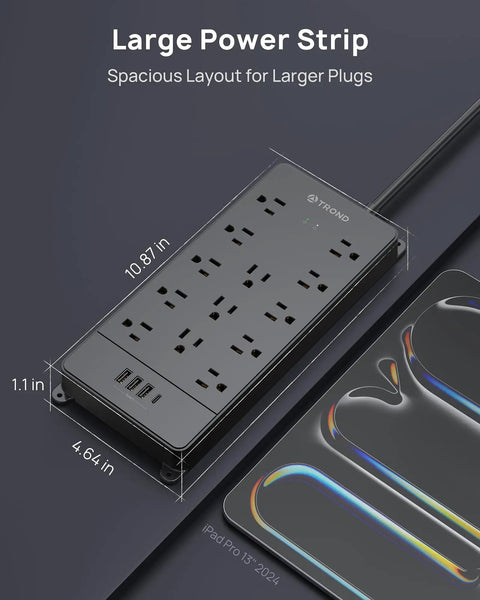 Beefy 13 Outlet Surge Protector Power Strip With 4 USB Ports And USB C Charging ETL Listed, shown with dimensions in inches.