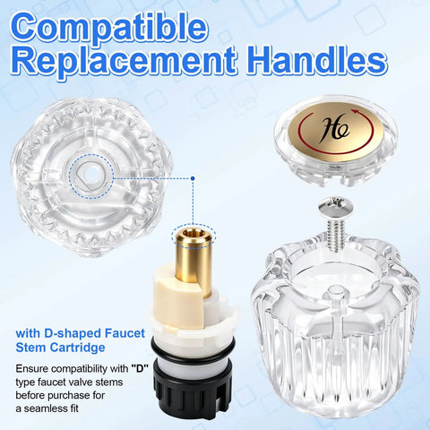 Upgrade Your Sink Game With This Killer Two Pack Clear Acrylic Faucet Handles And Rp25513 Cartridge Stem Repair Kit Featuring Sturdy Brass Valve Stems Built To Last While You Keep Things Fresh And Crisp Without The Mess Or Hassle Of Replacing Everything. clear acrylic faucet handle and brass D-stem cartridge repair kit