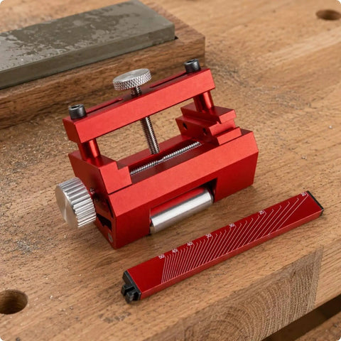 Shop Ready Fixed Angle Sharpening Jig With Built Tough Rigid Metal Frame And Knurled Tightening Knob on wooden workbench.
