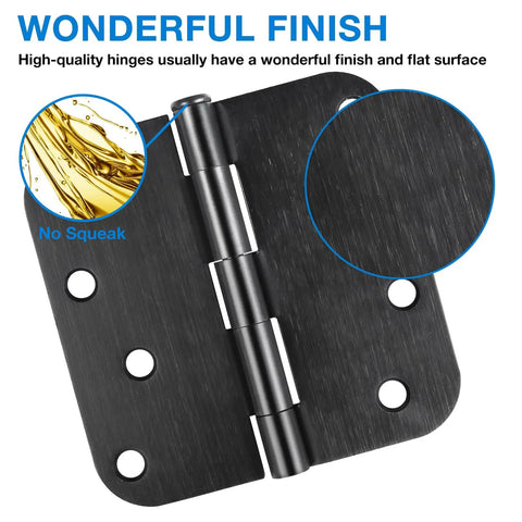 Close-up of a 12 Pack Matte Black Door Hinges 4 Inch 5/8 Radius Plain Bearing showing smooth finish and pivot.