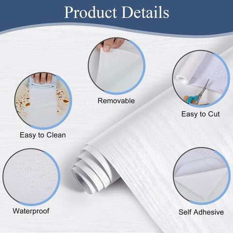 Product details of White Wood Grain Peel And Stick Wallpaper 15.7 In By 118 In Waterproof Vinyl showing easy clean and cut features.