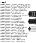 Fitment list for Harley-Davidson models featuring a black and silver Heel Shifter Eliminator Cover For Harley Davidson Touring Models 1982-2019 Road Glide Electra Glide Road King Black Includes Shift Lever Shaft Spacer Sleeve Upgrade For A Smooth Ride.