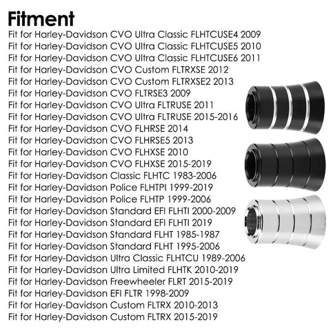 Fitment list for Harley-Davidson models featuring a black and silver Heel Shifter Eliminator Cover For Harley Davidson Touring Models 1982-2019 Road Glide Electra Glide Road King Black Includes Shift Lever Shaft Spacer Sleeve Upgrade For A Smooth Ride.