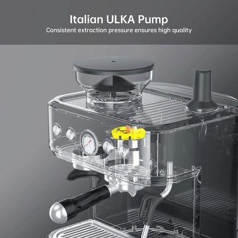 Quick Bean To Cup Coffee Machine With Built In Grinder For Barista Caliber Espresso And Silky Lattes Featuring Fine Tuning Conical Burrs And Sleek Stainless Steel Design showing Italian ULKA pump for consistent extraction.