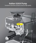 Close-up of Italian ULKA pump on the 3-In-1 Espresso Machine With Built-In Grinder And Automatic Milk Frother, showcasing pressure gauge.