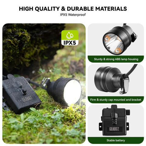 Long Range Coon Hunting Headlamp With 600 Lumens, Rechargeable, IPX5 Waterproof, shown on wet moss with sturdy ABS housing.
