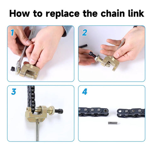 Steps showing Heavy Duty 126 Link Drive Chain With Chain Tensioner Replacement For Razor MX350 MX400 SX350 ZR350 with chain breaker tool.