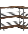 L Shaped Home Bar Unit With 3 Tier Storage Shelves And Wine Glass Holder For Kitchen Or Living Room Rustic Brown And Matte Black Industrial Corner Bar Cabinet With Pub Vibe