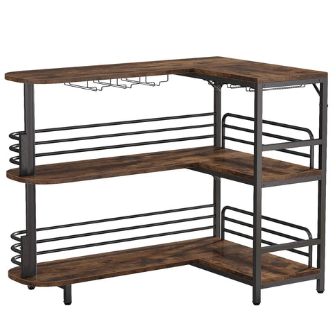 L Shaped Home Bar Unit With 3 Tier Storage Shelves And Wine Glass Holder For Kitchen Or Living Room Rustic Brown And Matte Black Industrial Corner Bar Cabinet With Pub Vibe