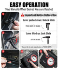 Steps to operate 12V Tire Inflator Portable Air Compressor With Display Gauge And LED Light, showing locking and unlocking actions.