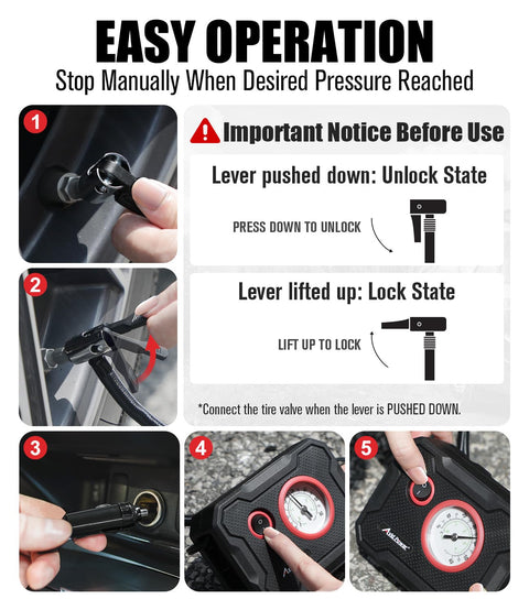 Steps to operate 12V Tire Inflator Portable Air Compressor With Display Gauge And LED Light, showing locking and unlocking actions.
