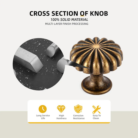 Cross-section of 10 Pack Vintage Brass Cabinet Knobs For Dresser Drawers Zinc Handles Petal Shaped Hardware