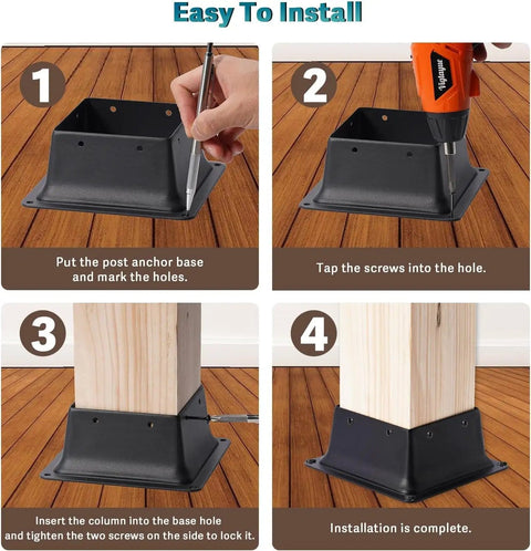 Step-by-step installation of Beefy Heavy Duty 4x4 Post Base Brackets Set Of 2 In Black Powder Coat Fit Standard Wood Posts 3.6x3.6 Inch