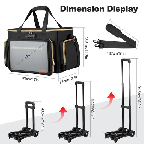 Dimension display of rolling teacher bag with wheels and detachable trolley fits 17 inch laptop