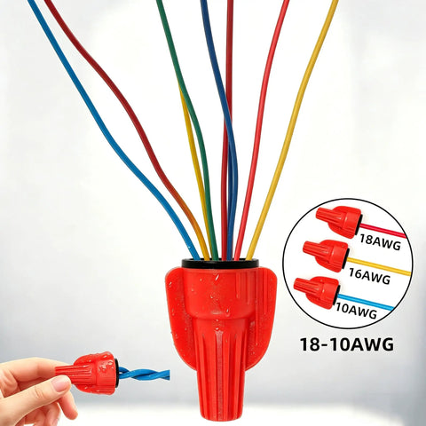 Waterproof Wire Connectors 50 Pack for 18 to 10 AWG Wiring Silicone Filled IP68 Pro Grade showing red connector with wires